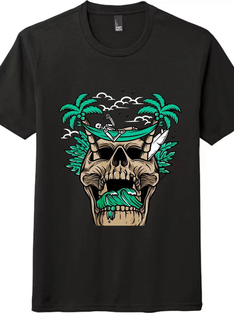 Tropical Skull Skeleton Hammock Graphic T-Shirt Unisex Beach Casual Tee