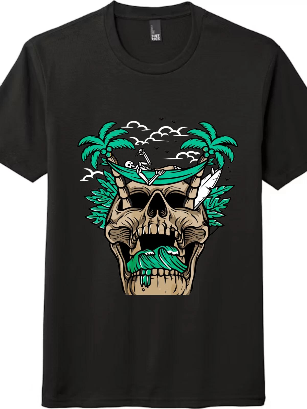 Tropical Skull Skeleton Hammock Graphic T-Shirt Unisex Beach Casual Tee 4XL