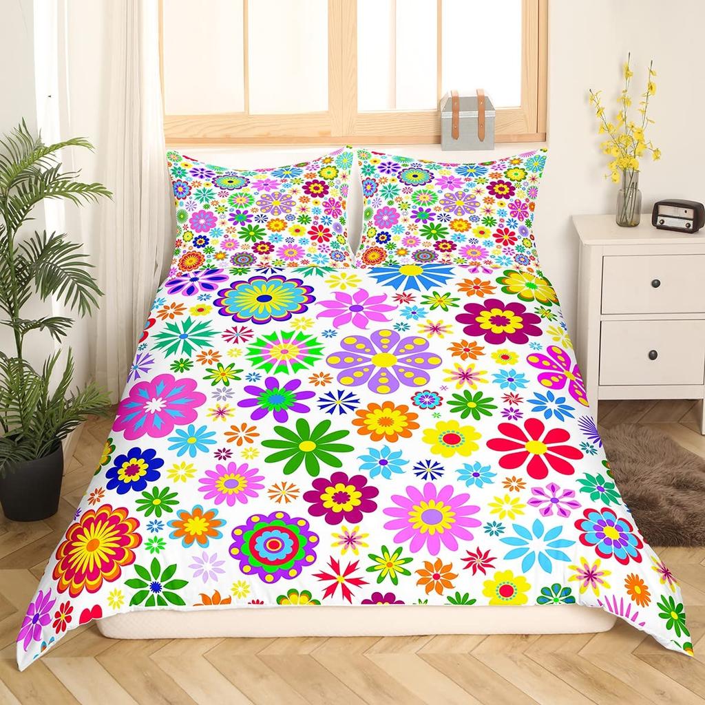 Retro Flowers King Queen Bedding Set Cartoon Vintage Floral Duvet Cover Boho Abstract Quilt Cover Soft Polyester Comforter Cover