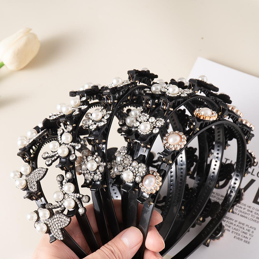 Pearl Flowers Hairpin Hairbands For Women Non-Slip Headband Rhinestones Hair Bands Clips Hairstyle Double Bangs Hair Accessories Quality