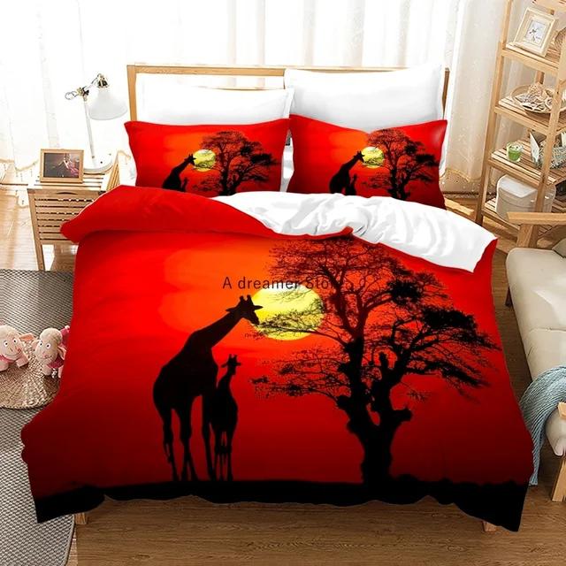African Animals Giraffe Sunset Bedding Set 3D Duvet Cover Set Bedspread For Boys Girls Kids Home Textiles Microfiber Bedspread
