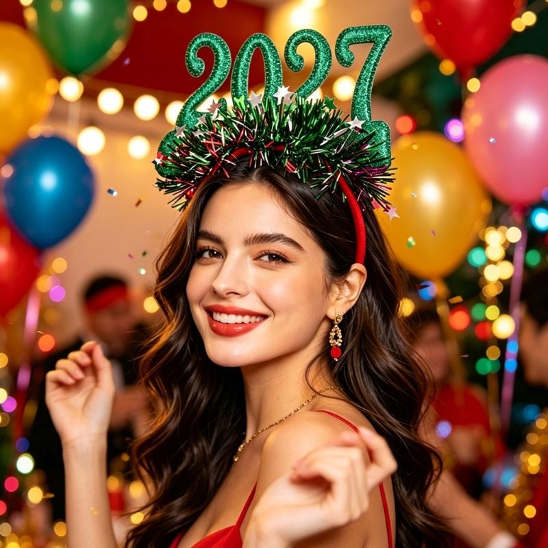 Bentiță Anul Nou 2027 Accesoriu de Păr Festiv pentru Petreceri de Crăciun cu Detaliu Cifra Strălucitoare și Ornamente cu Stele Mici