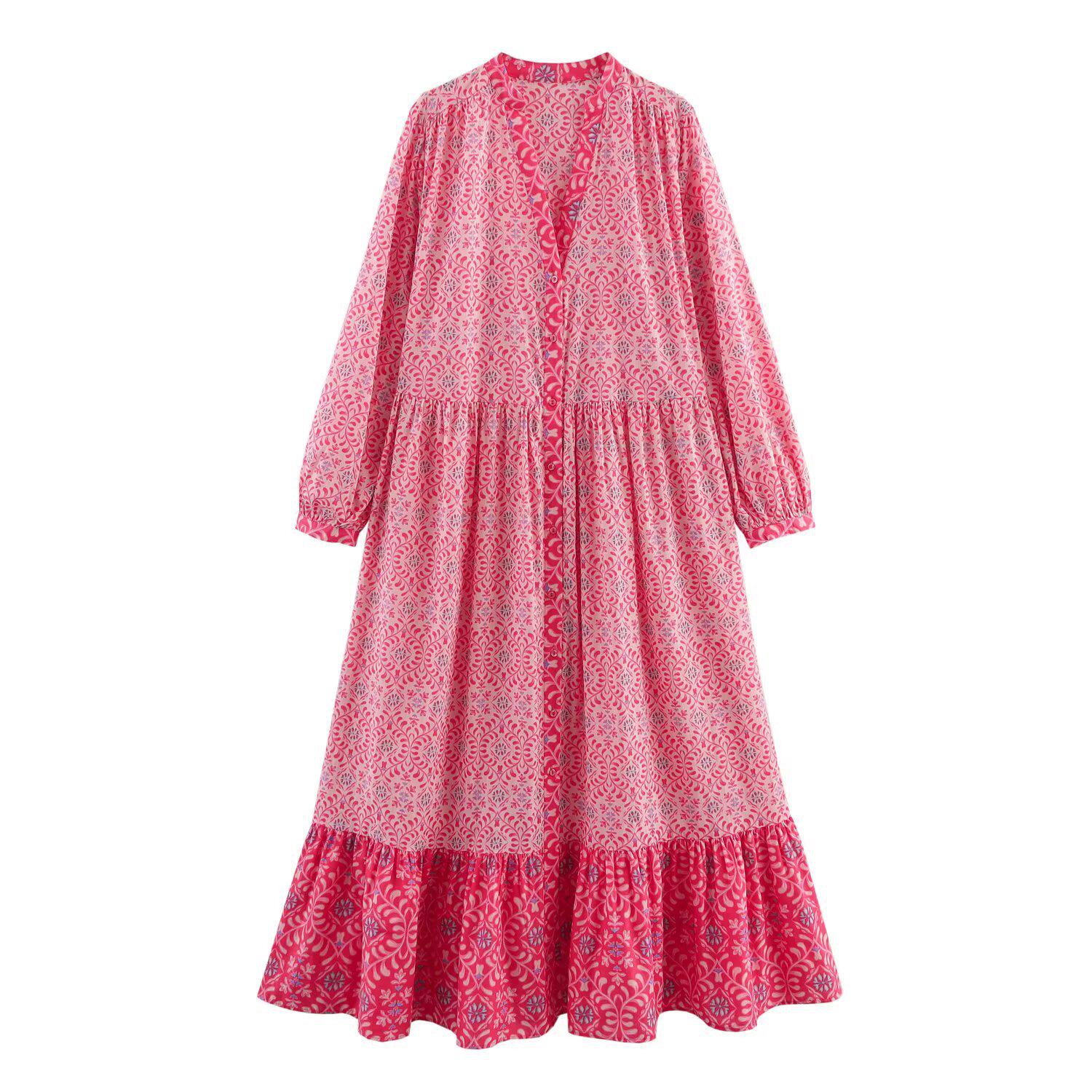 

2025 Spring/Summer Women’s Printed V-Neck Midi Shirt Dress Medium