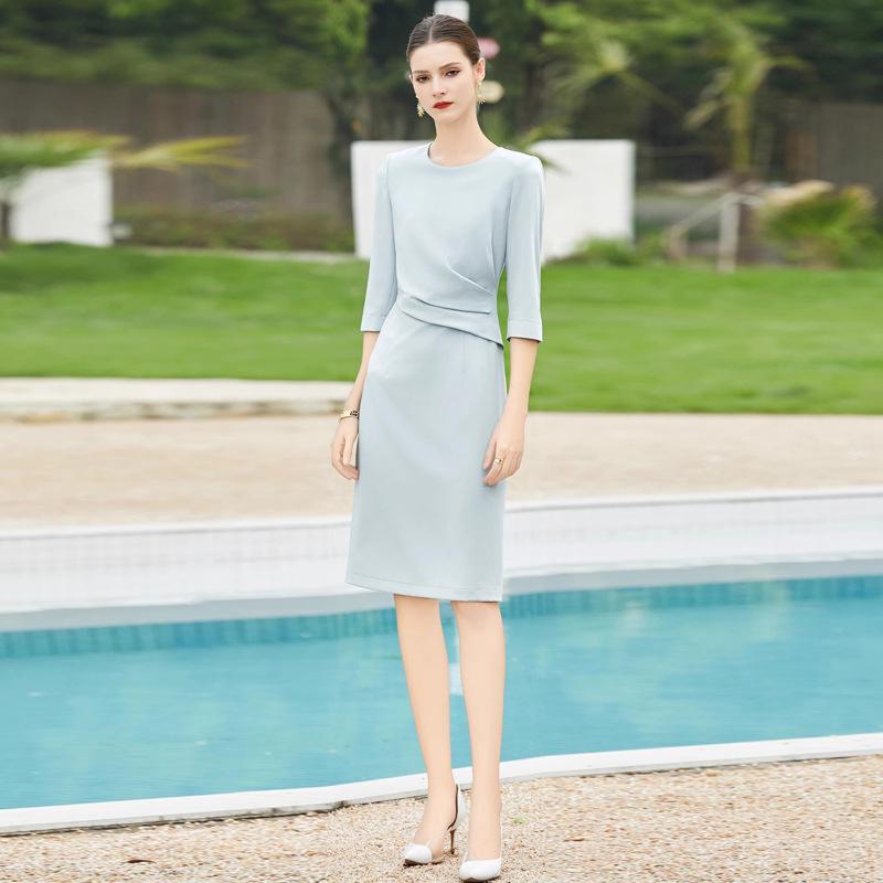 Spring/Summer Light Blue Professional Round Neck Seven-Sleeve Formal Dress for Women