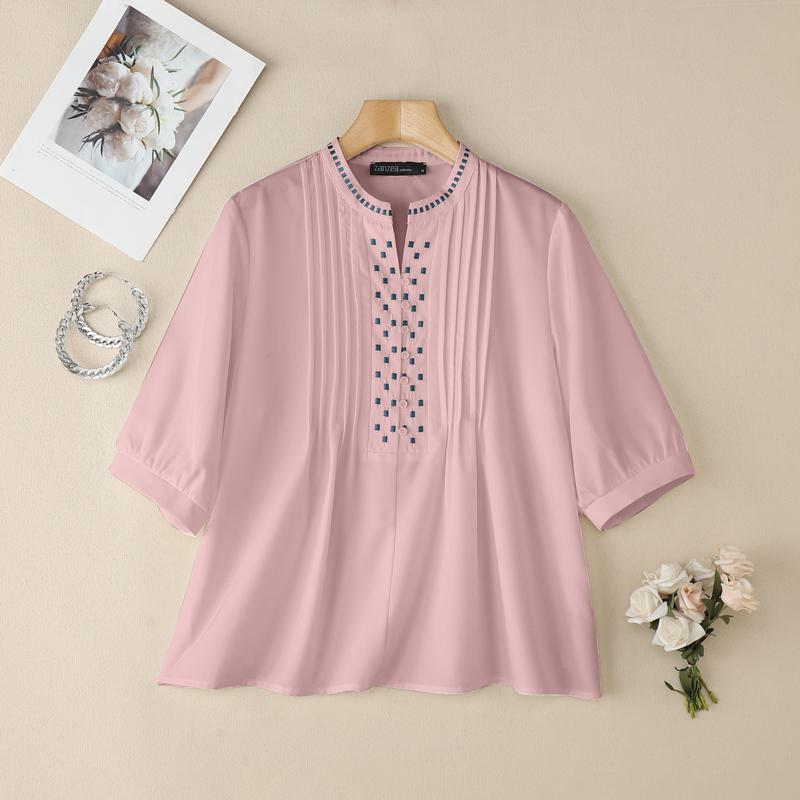 ZANZEA Women Casual Round Neck Loose Half Sleeve Geometric Embroidery Blouse