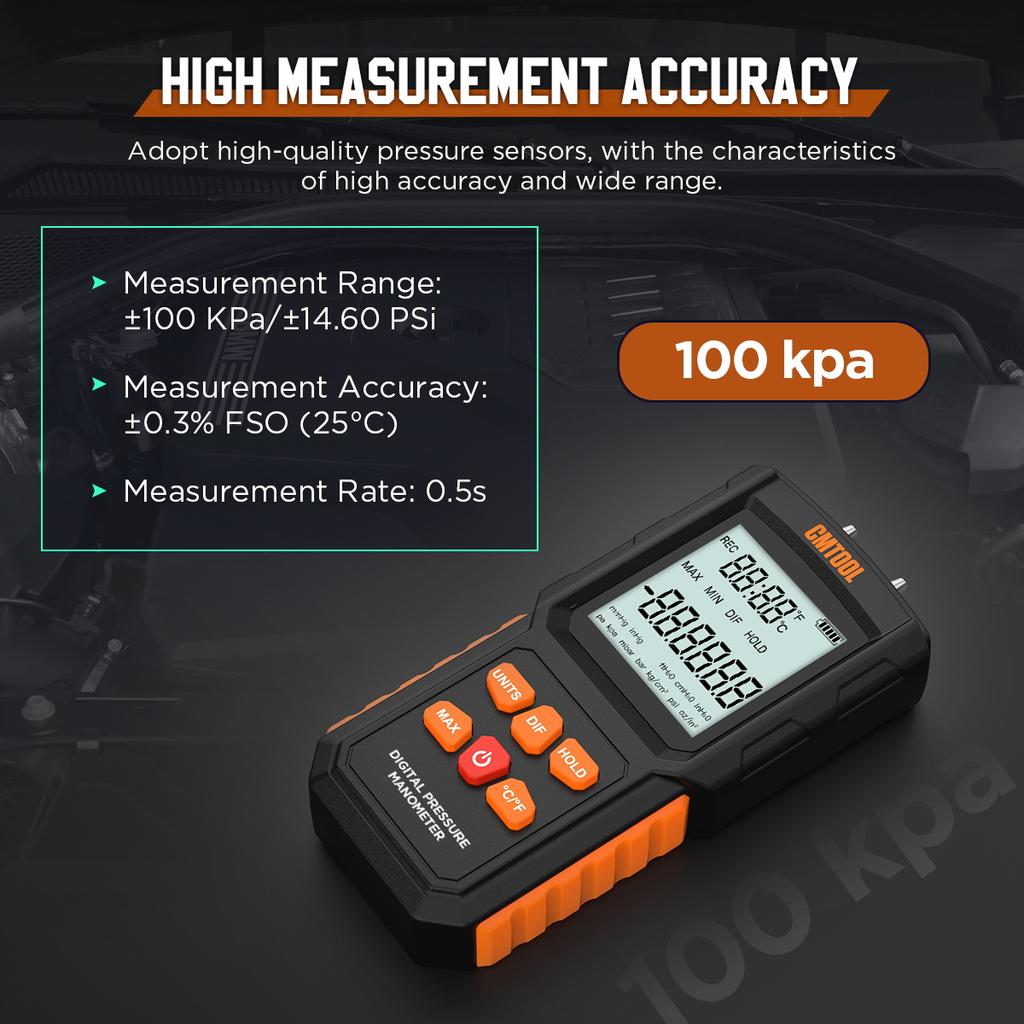 CMTOOL Differential Pressure Gauge 100kpa Orange Vacuum Gauge Backlight Display High Accuracy Alarm Digtal Pressure Measure Tool