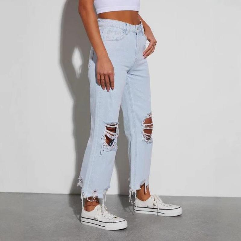 Damen Jeans mit Rissen, lässig, locker, hoch tailliert, gerade Hose, modische Temperamenthose