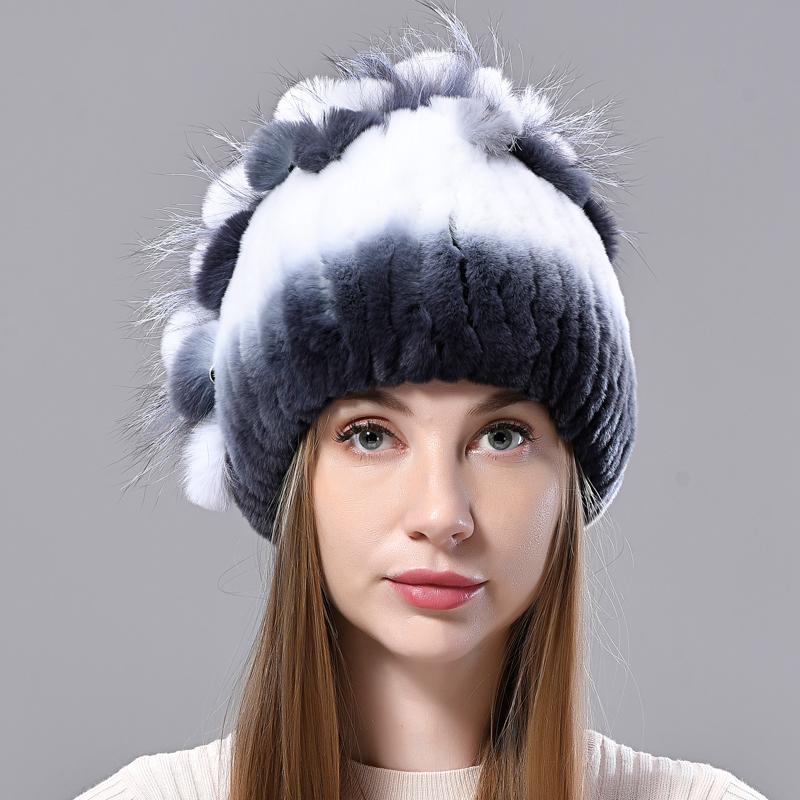 New Luxury Women Fur Hat For Winter Handmade Natural Rex Rabbit Fox Fur Cap Fluffy Female Fur Headgear Brand Warm Beanies Cap