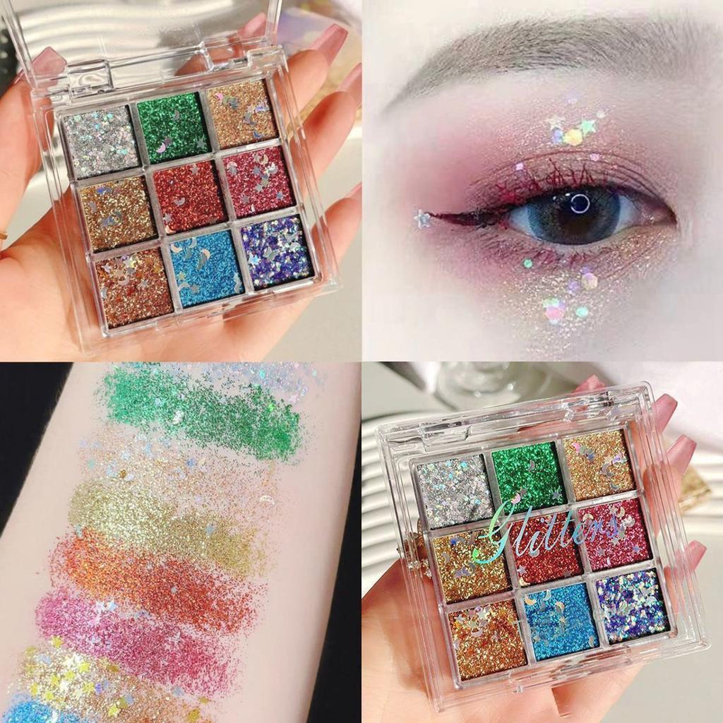 9-color Gel, Colored Sequin, Glue-free 9-color Eyeshadow , Performance Stage Makeup, Big Glitter, Super Shiny.