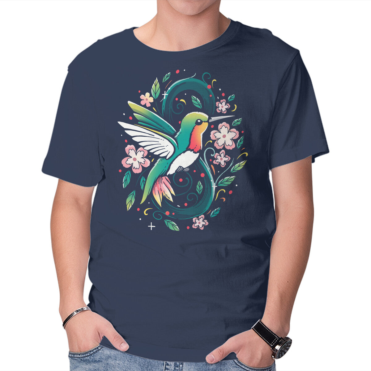 Unisex Crew Neck T-Shirt Humming Birdy Graphic Short Sleeve Casual Tee L