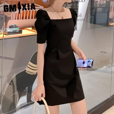 Puffy Sleeve Dress Summer Style Skirt Slimming One-line Neck Dress for Women