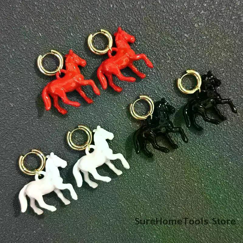 Exaggeration Stereoscopic Small Horse Pendant Earrings For Women Creativity Cute Animal Earrings Charm Jewelry New Year Gift