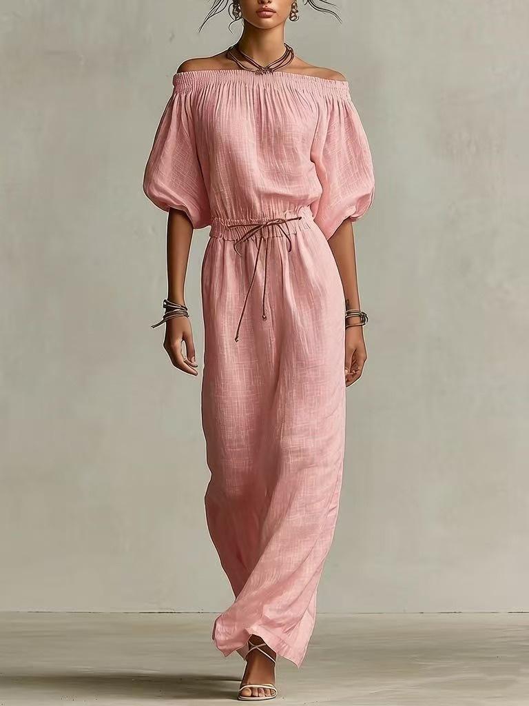 Amazon European and American Cross-border Summer New Elegant Casual Solid Color Medium Sleeve One-word Collar Women's Dress
