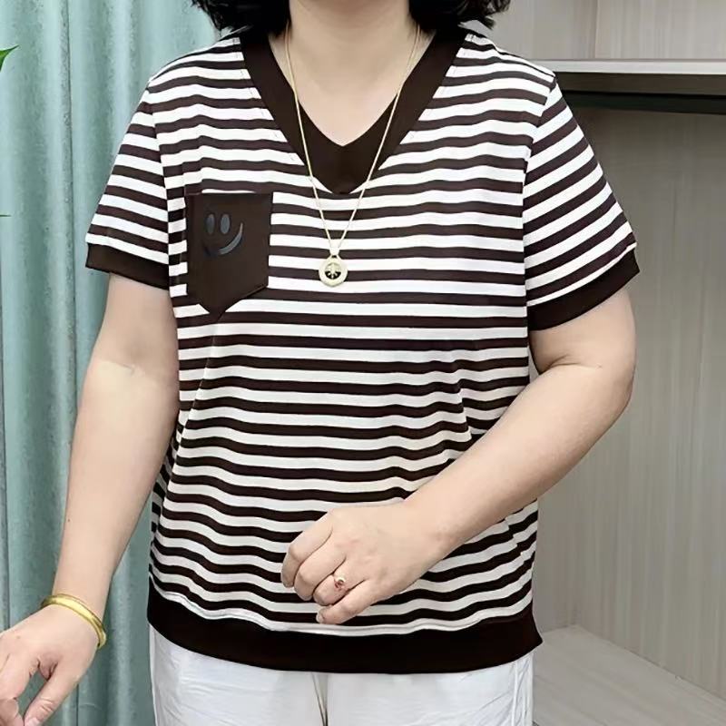 Women's Fashion Casual Summer Spring Stripe Print Short Sleeve V-Neck Blouses & Shirts