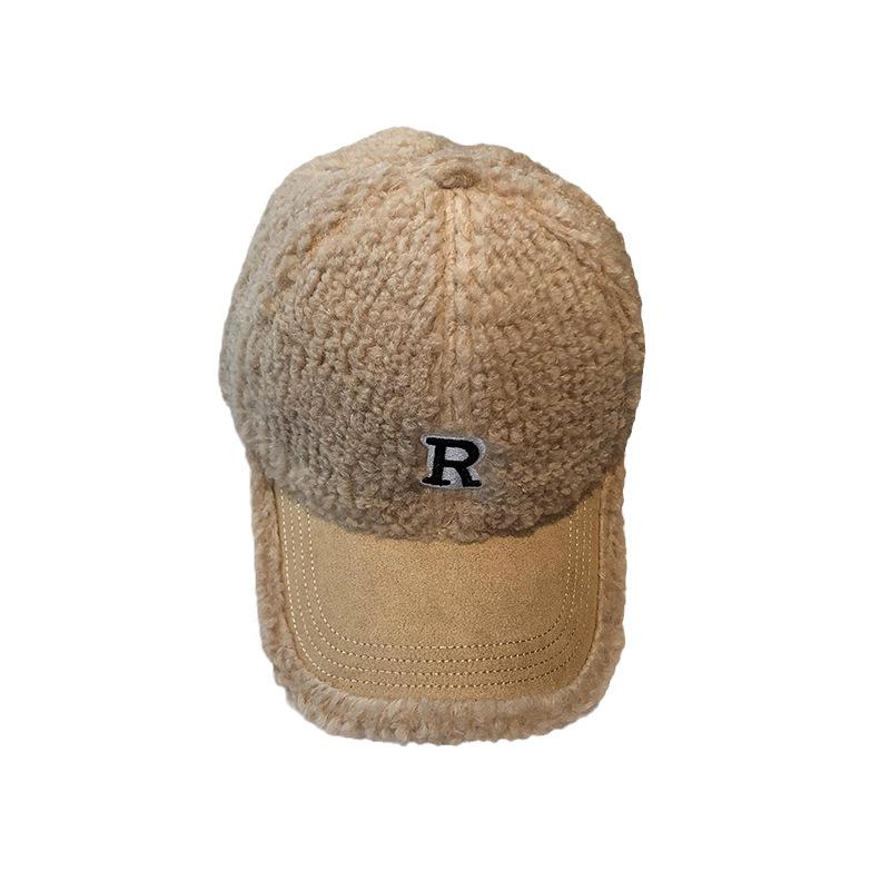 Korean Style Hat for Women In Autumn and Winter R Letter Embroidered Baseball Cap Thickened Plush Warmth Fashionable and Versatile Baseball Cap