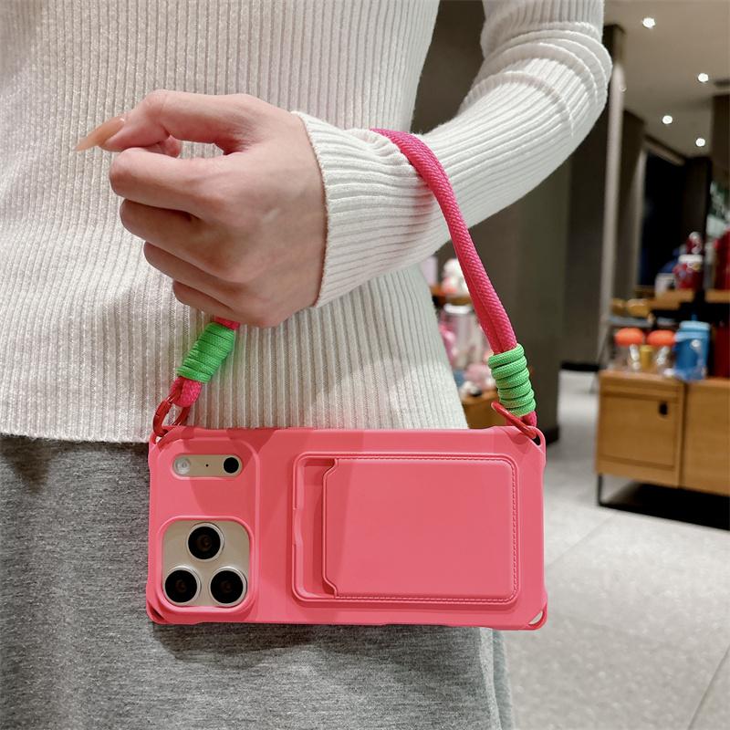 Short Rope Lanyard Phone Case For iPhone 17 Air 16 15 14 Plus 13 12 Mini 11 Pro Max X XR XS Max Card Clip Wallet Soft TPU Cover