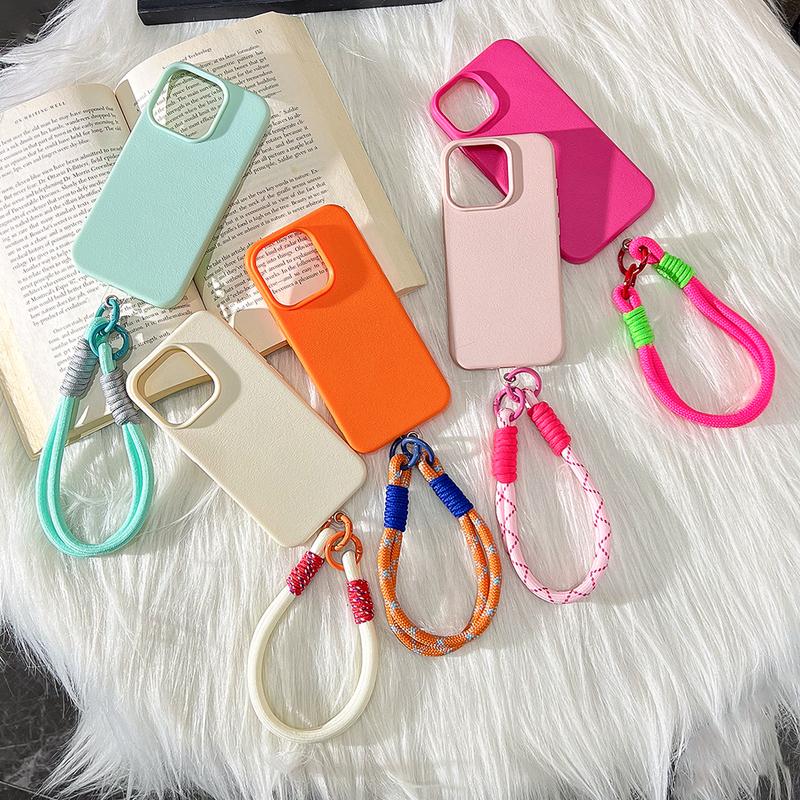 Cute Candy Leather Texture With Wrist Strap Case For iPhone 17 Air 16 15 14 11 12 13 16 Pro Max 16 Plus Solid Color Soft Cover