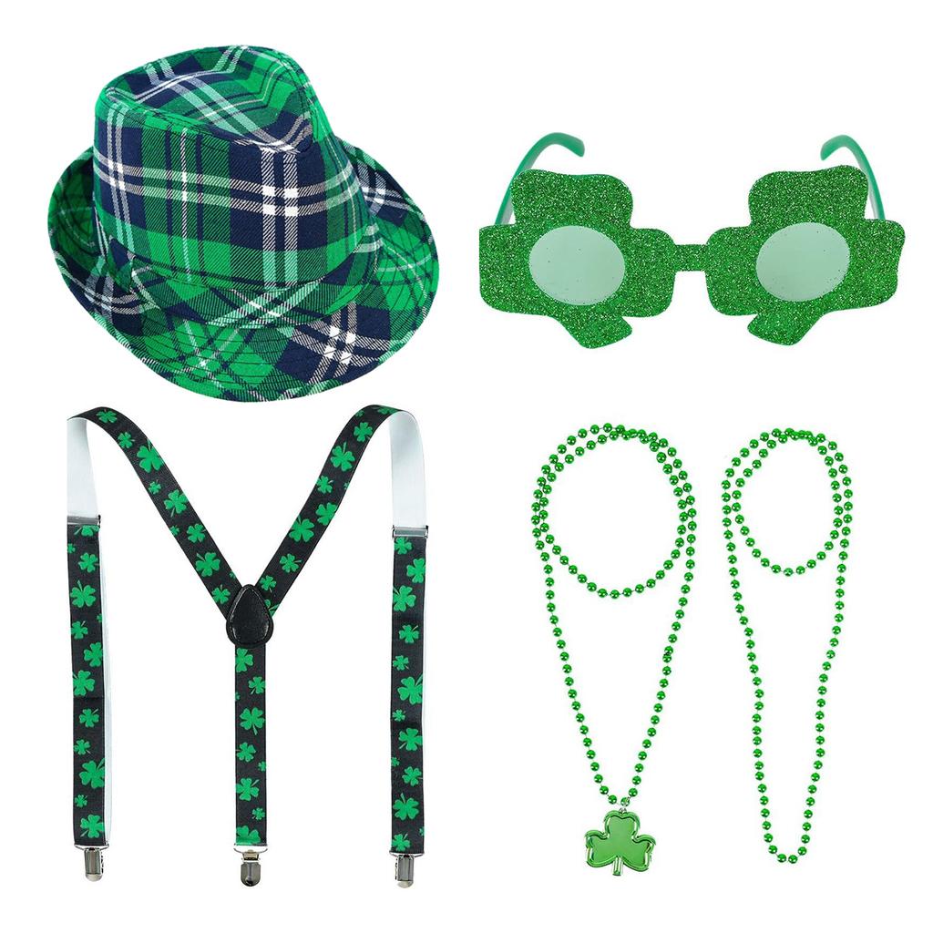 StPatrick Day Celebration Costume Hat Shamrock Glasses Suspenders Braces Necklace Festival Party Props Irish Accessories