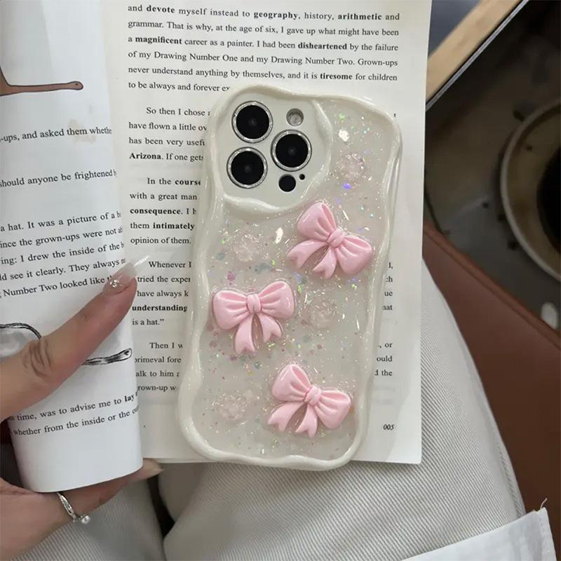 

Bow Glitter Adhesive Phone Case for IPhone 16 Pro Glitter for Apple 17 All Inclusive Anti Fall Cream Style For iPhone 7/8/SE 2020