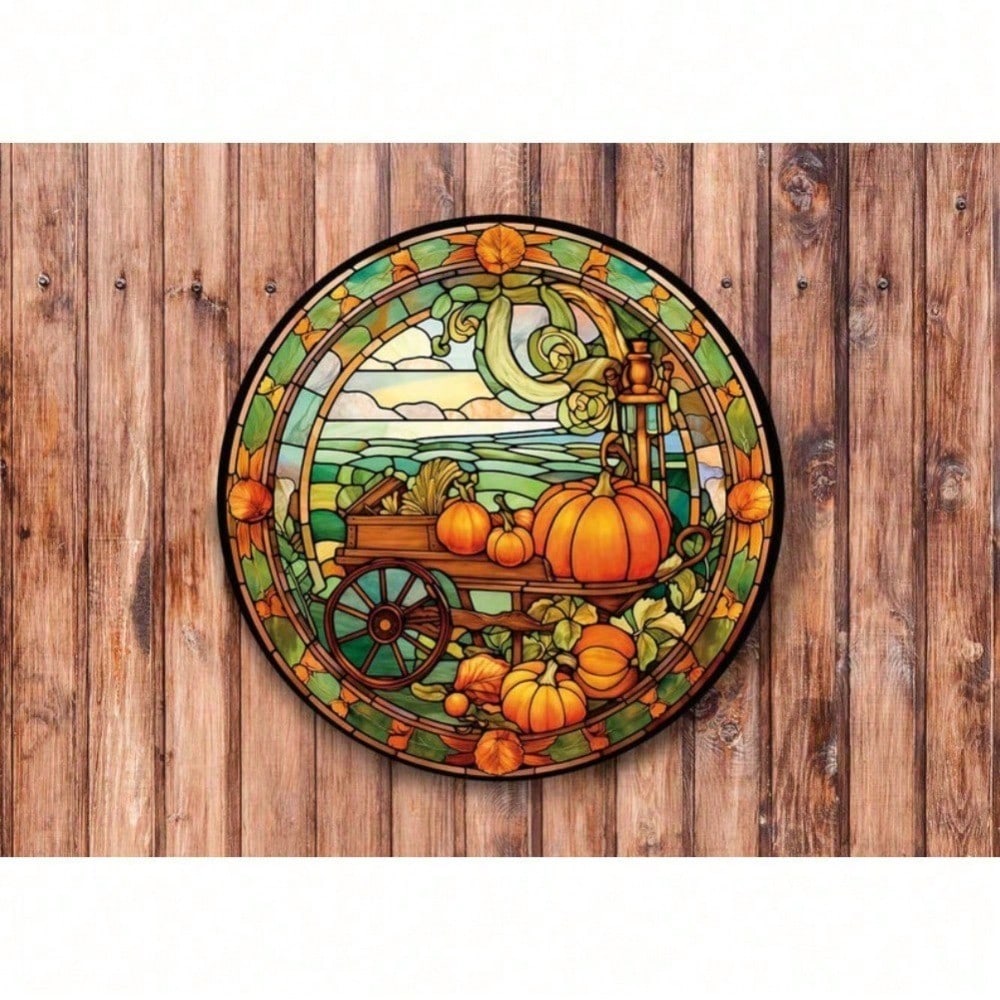 

Vintage Faux Stained Glass Pumpkin Wagon Wreath Metal Wall Art Halloween Home Decor Farmhouse Indoor Outdoor Sign 20x20 різнокольоровий