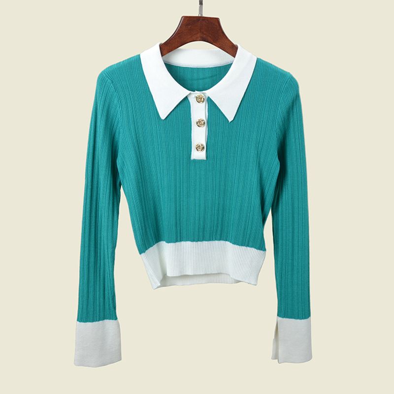 Color Matching Polo Collar Long Sleeves Knitwear Fashion Wind Metal Ring Buckle Split Sleeve Silm Short Lapels Fall Base