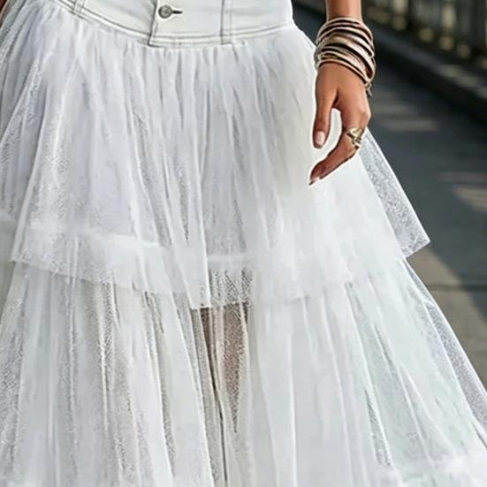 Women Skirt, High Waist Mesh Splicing Skirt, Soft Breathable Patchwork Hip Covering Versatile Maxi Skirt for Party Beach Wedding Night Out