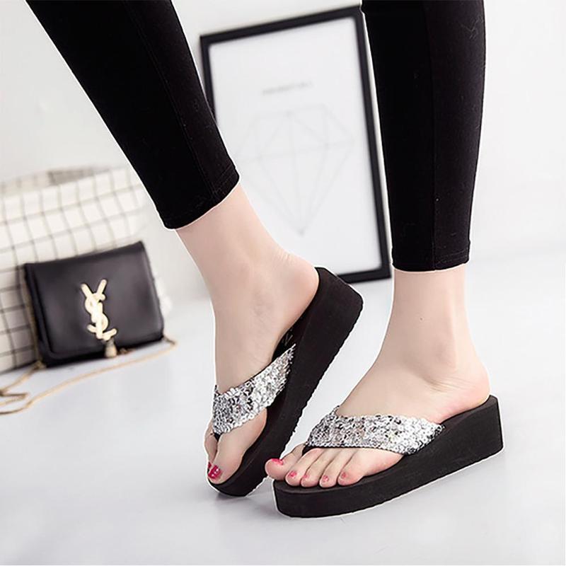 

2024 Женские летние шлепанцы с пайетками Женские пляжные тапочки в стиле бохо Женские туфли на платформе и среднем каблуке sapato feminino 785kj 9 серебряный