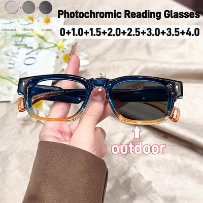 Men Women Classic Square Pochromic Reading Glasses Outdoor Color Changing Anti Blue Light Far Sight Eyeglasses Diopter To4.0