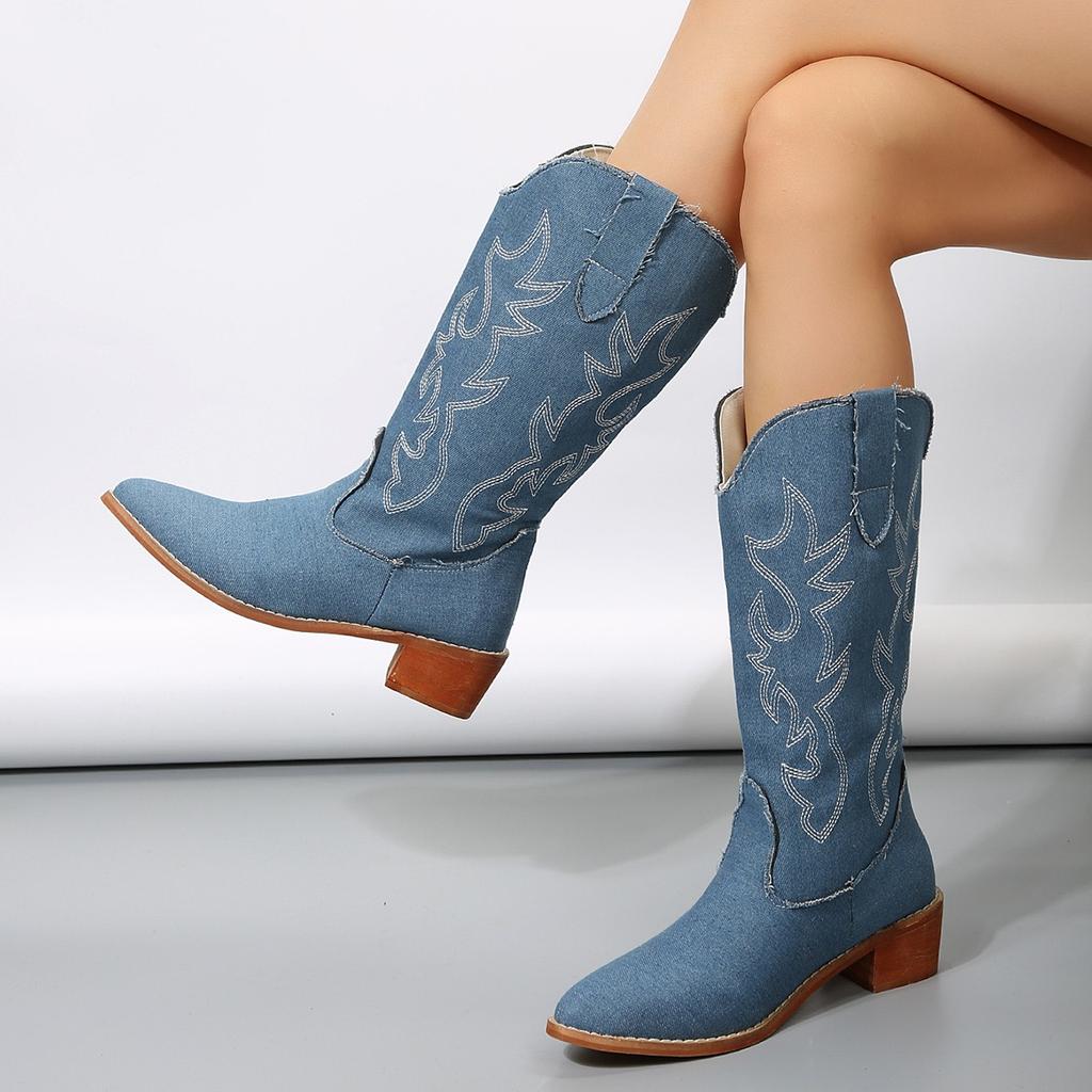 New Embroider Western Cowboy Boots for Women Knee High Boots Winter Shoes Wedge Heels Footwear Luxury Shoes Large Size
