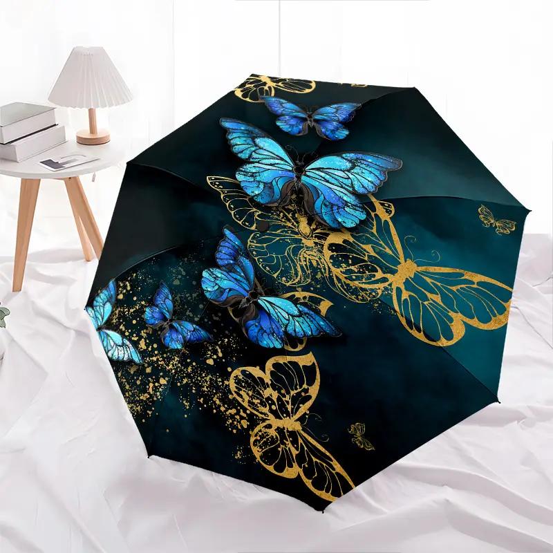 Automatic Open/Close Umbrella with 8-Rib Sturdy Frame, Automatic Folding Mechanism & Blue & Golden Butterfly Design - Compact