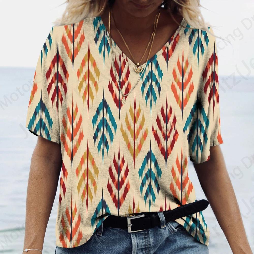 Women's T Shirt Vintage 3d Print T-shirt Women Fashion Casual V-Neck Short Sleeve Tops Tees Ethnic T Shirt Geometric Camisetas