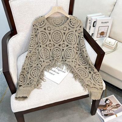 Autumn Casual Loose Knitting Top O Neck Hook Flower Hollow Long Sleeved Tassel Design Fashion French Vintage Blouse