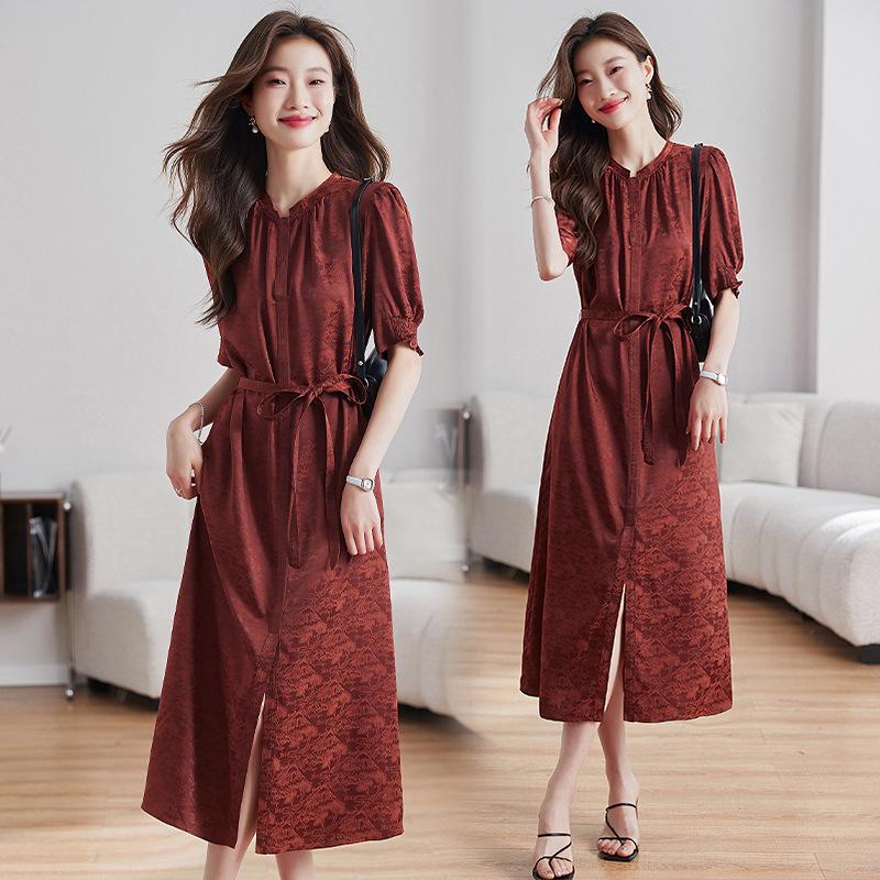 

Жаккардовое платье летнее женское одежда круглый вырез разрезы модная атмосфера тонкое длинное платье платье 3XL