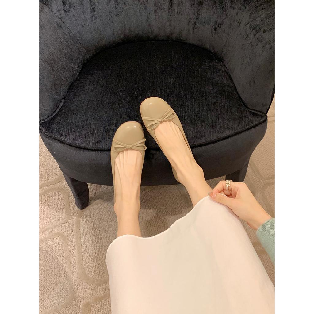 Grape Mother Studiolee Round Head Light Mouth Bow Solid Color Sheepskin High Heels Thick Heel Ballet Single Shoes Women