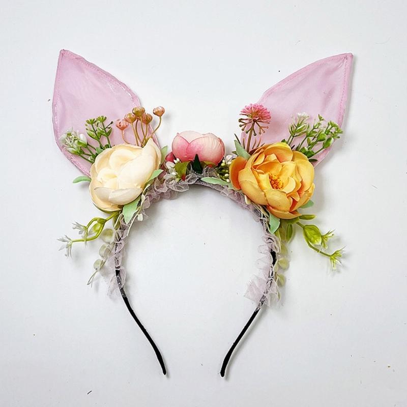 Large Bunnies Ears Hair Hoop Polychrome Flower Hairband Female Anime Headbands for Kids and Teens