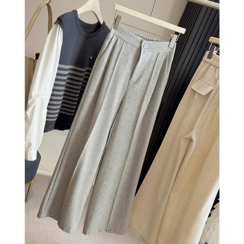 Spring high-end cotton linen draped gray suit slacks women's new elastic waist wide-leg versatile straight-leg pants