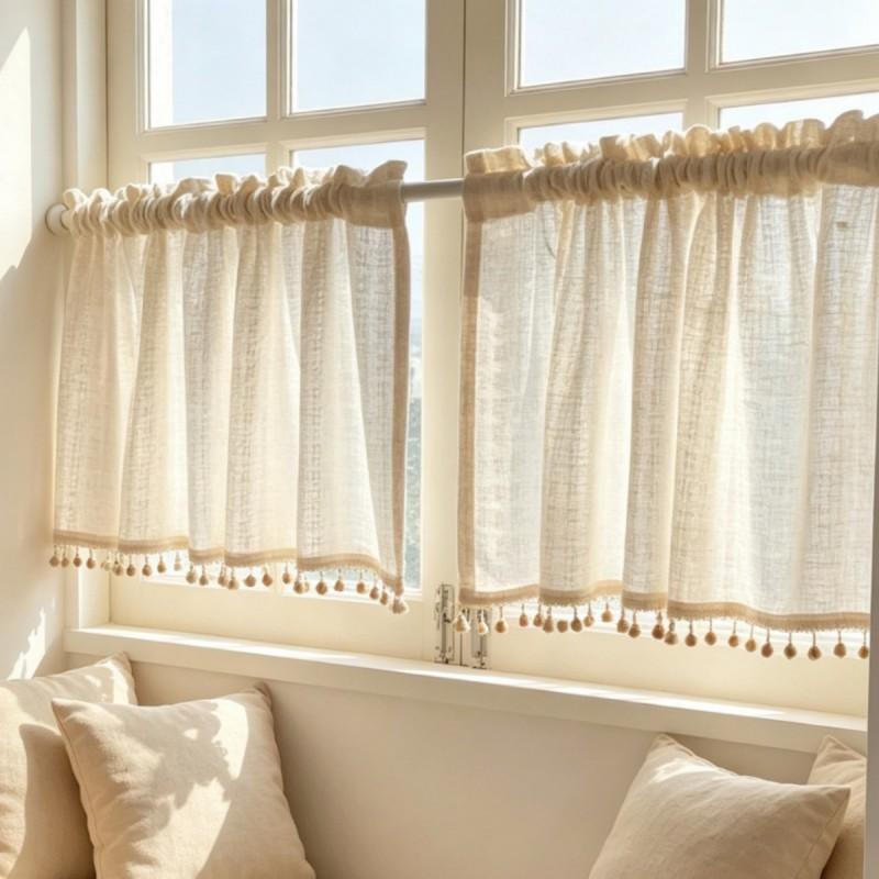 Japanese Retro Creamy Beige Cotton-Linen Look Sheer Curtain Panel Door Window Balcony Semi-Privacy Short Drape
