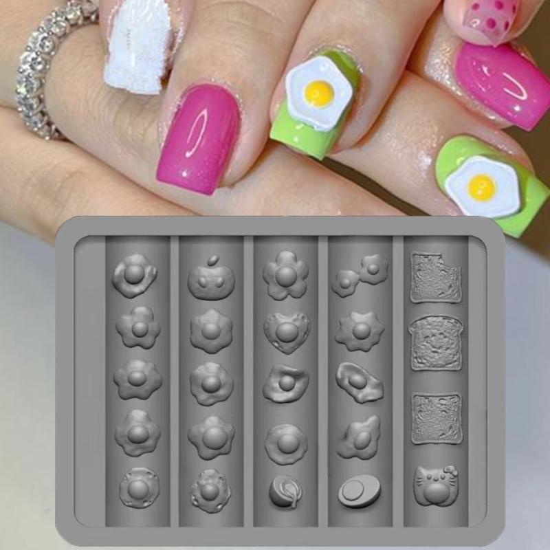 

1 Pcs Nail Mold Combination Cartoon Cute Flower Heart Shape Fried Egg Toast 3D Silicone Nail Decoration Transparent Mold