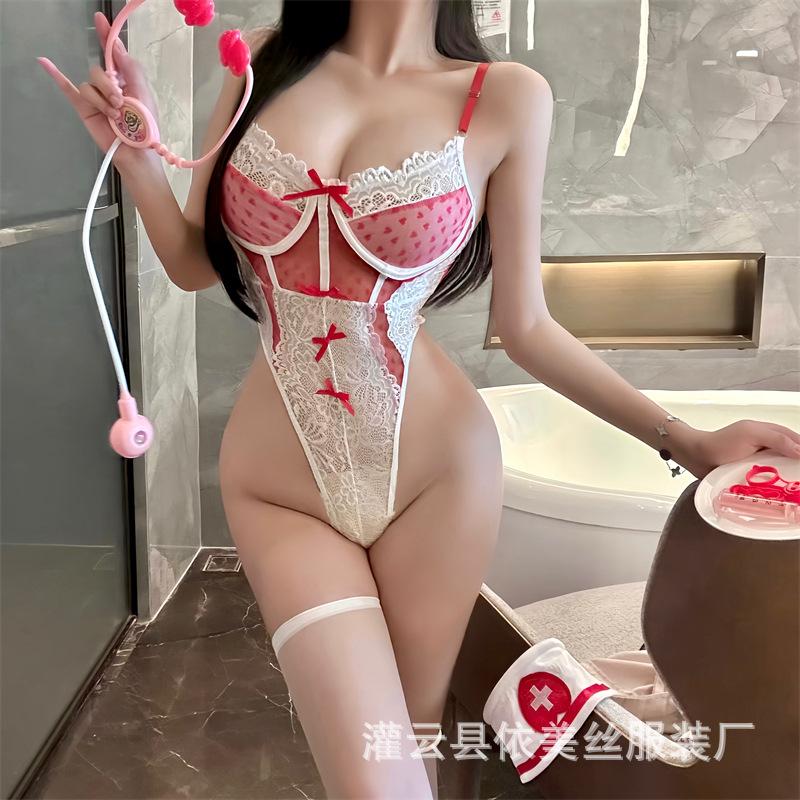 Man Desire Sexy Lingerie Pure Desire Nurse Uniform Lace Bow Heart Perspective Onesie Sexy Suit 9276