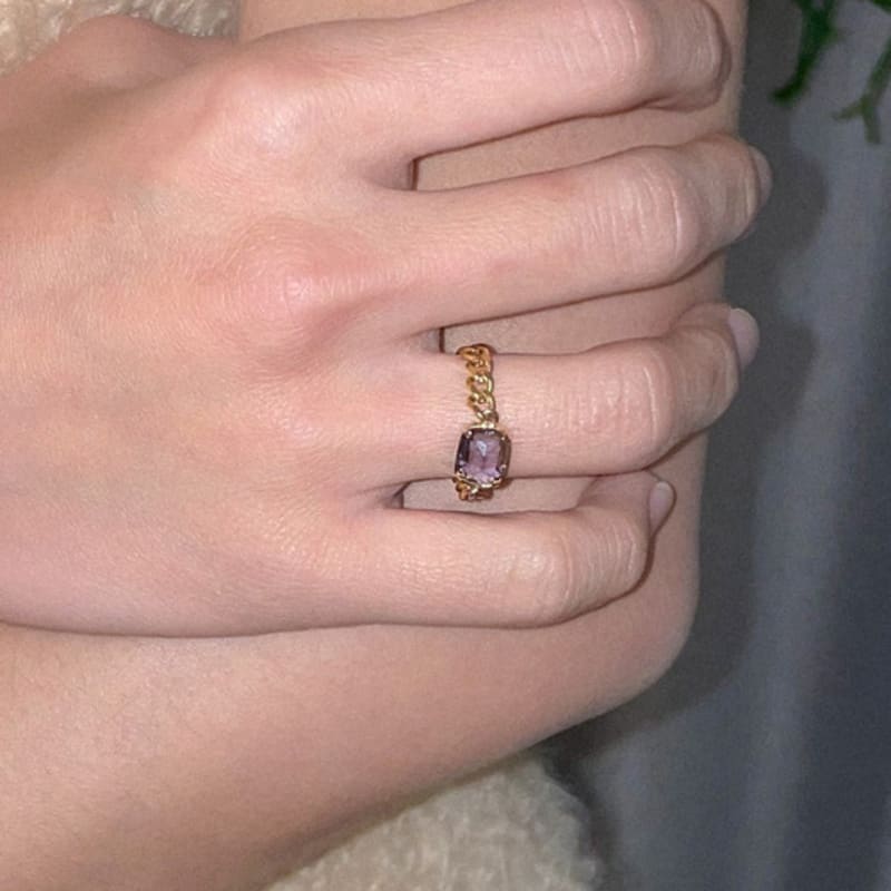 MERRYMOTIVE Square crystal with surgical gold chain ring (2colors)