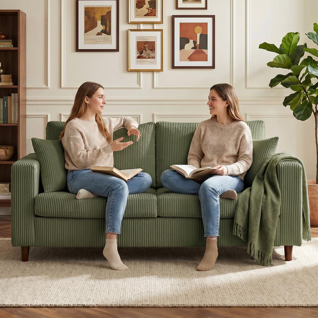 Loveseat Sofa With Wide Seat Corduroy 2 Seater Couch With Deep Seat Spring Cushion Green
