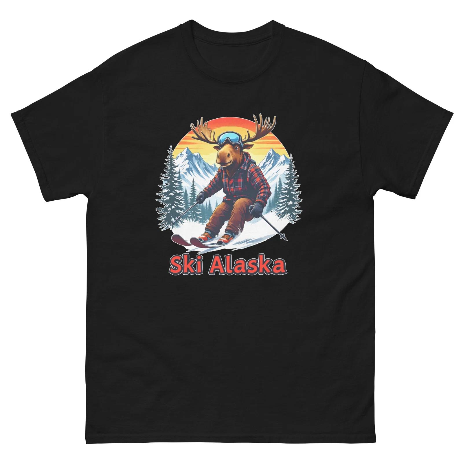Ski Alaska Moose Skiing Skier Animal T-Shirt L