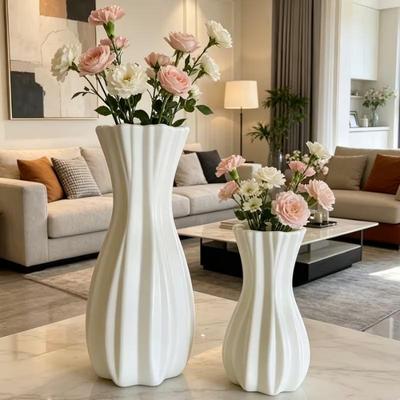 Matte Weiße Gestreifte Plastikvase Bruchsicher Hydrokulturbehälter Leichtes Heimdekor Für Blumen, Pflanzen Tischdekoration