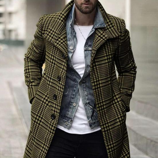 Men Overcoat Plaid Medium Length Turndown Collar Windbreaker British Style Coldproof Single Breasted Trench Coat Streetwear