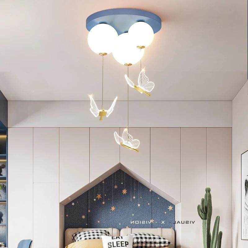 Simple And Modern Bedroom Lamp With Ball Butterfly Warm and Romantic Ceiling Lamp For Children's Room Pendant Light Indoor Light