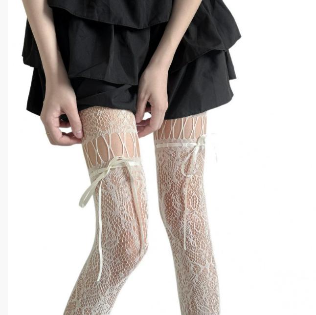 Schwarz Weiß Lolita Schleife Band Ausgeschnitten Strumpf Damen Unregelmäßige Strumpfhose Strumpfhose Vintage Y2K Spitze Netzstrümpfe Für Mädchen One Size gray