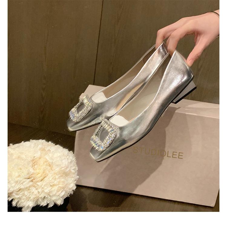Sheepskin version~ Rhinestone light mouth French square head silver with skirt single shoes women's new leather Mary Jane shoes ladyshoes