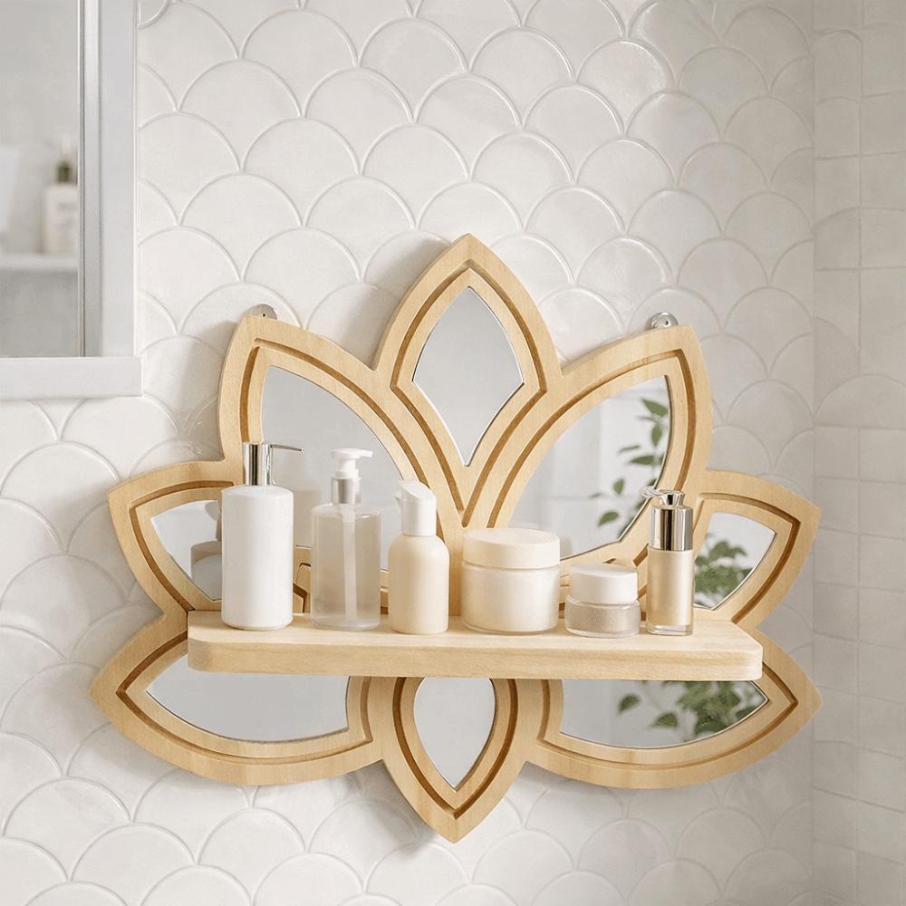 Lotus Wood Shelf Wooden Lotus Floating Shelf with Mirror Decorative Display Wall Shelf Detachable Wall Hanging Shelf Bedroom
