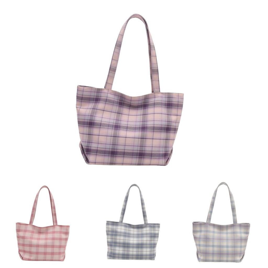 Stylish Colorblock Plaid Tote Bag For Women In Pink Blue And Purple For Everyday Use