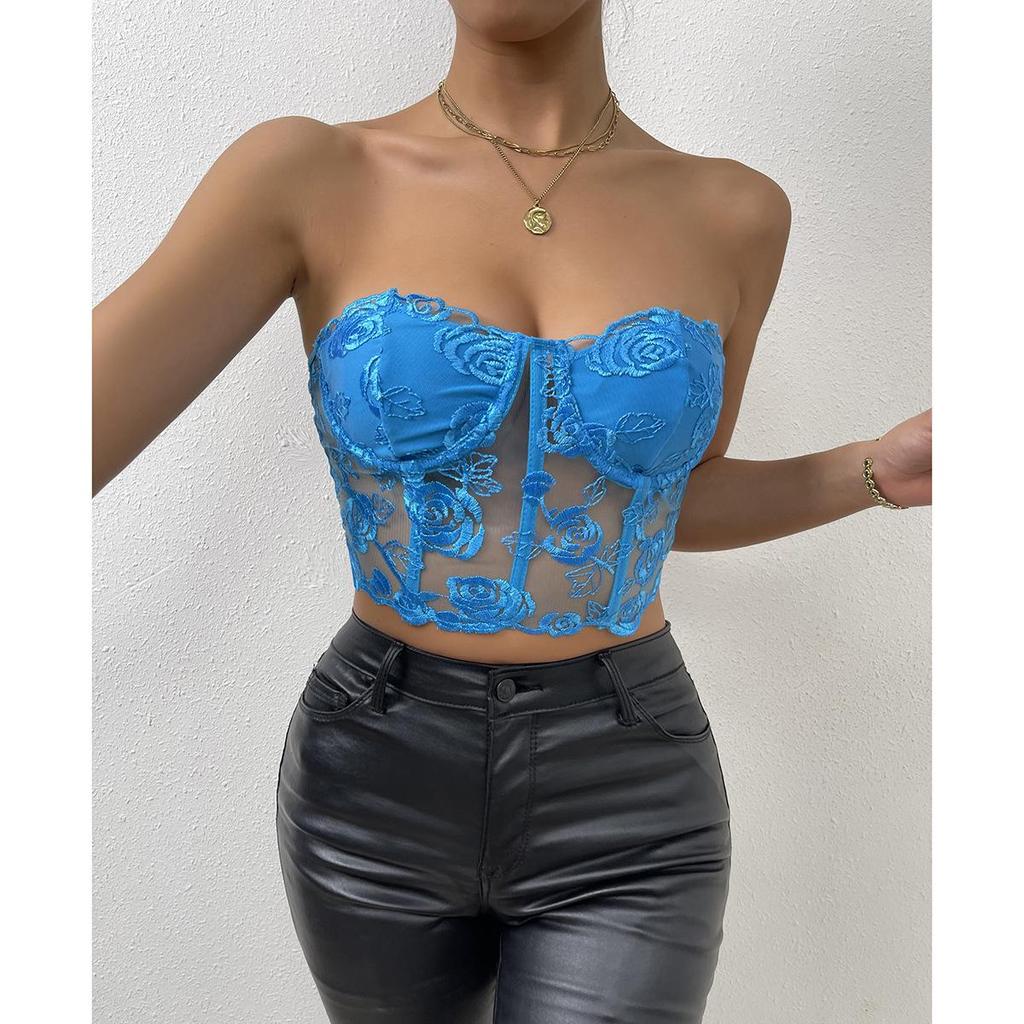 2023 European & American INS Style Lace Mesh Rose Tube Top Vest